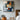 Geometric abstract oil painting with textured blocks in blue, orange, and beige tones