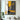 "Amber & Ash Bloom" abstract oil painting of a stylized tree with a black trunk and vibrant yellow textured foliage, set against a textured background of greys and whites with black and yellow drips.
