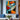 "Azure & Citrus Gaze" abstract pop art painting of a fragmented face with glossy finish, in bold orange, blue, black, and white, with prominent red lips.
