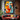 "Inner Hues" abstract portrait oil painting of a face with closed eyes, rendered in bold blocks of orange, teal, and white with red lips and dark expressive lines.
